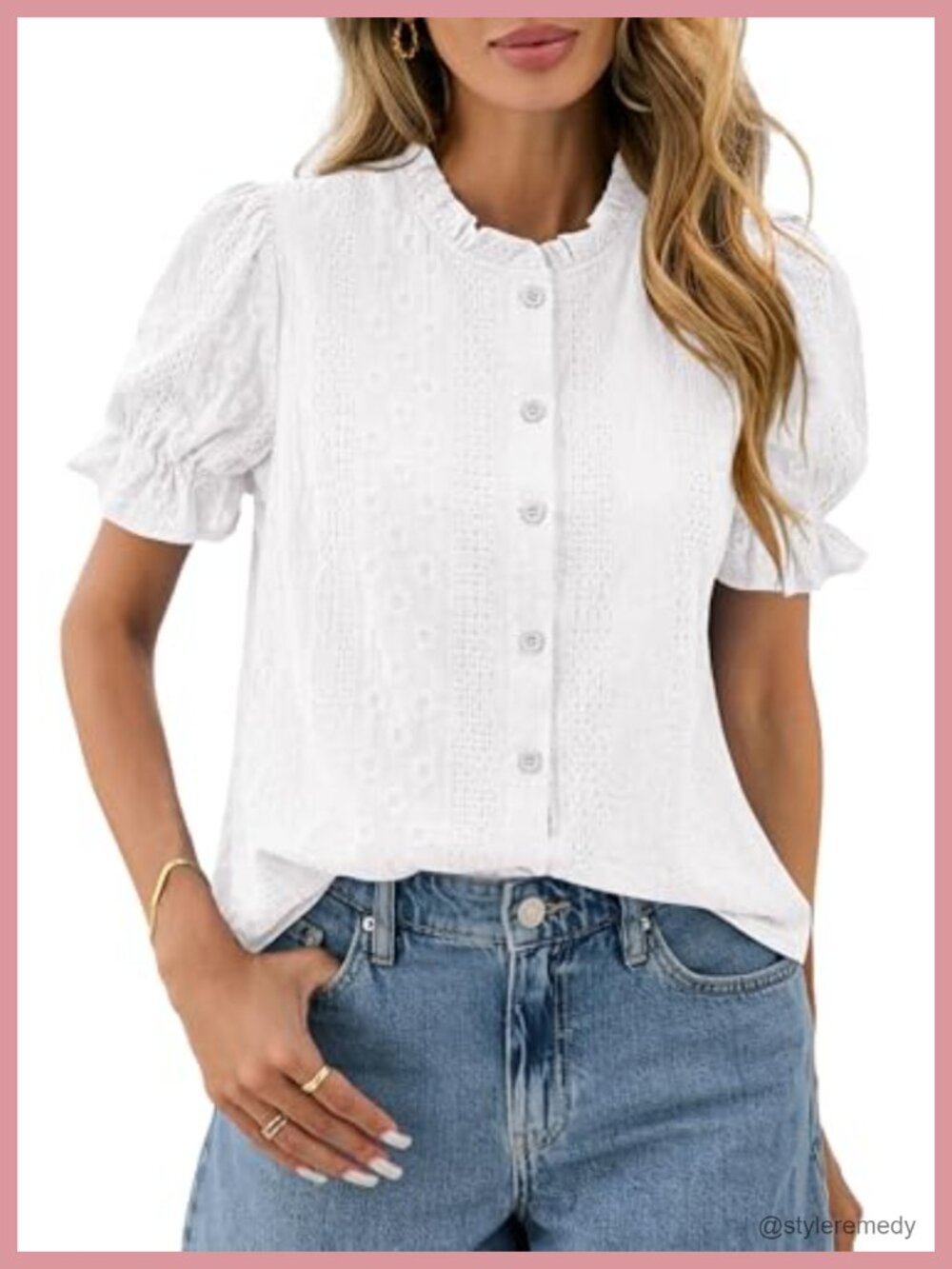 PRETTYGARDEN Embroidered Puff Sleeve Top Button Up Blouse